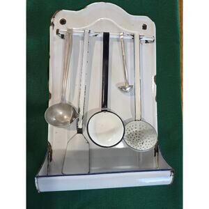 Antique French Enamel Utensil Rack Set, Rustic Kitchen Decor